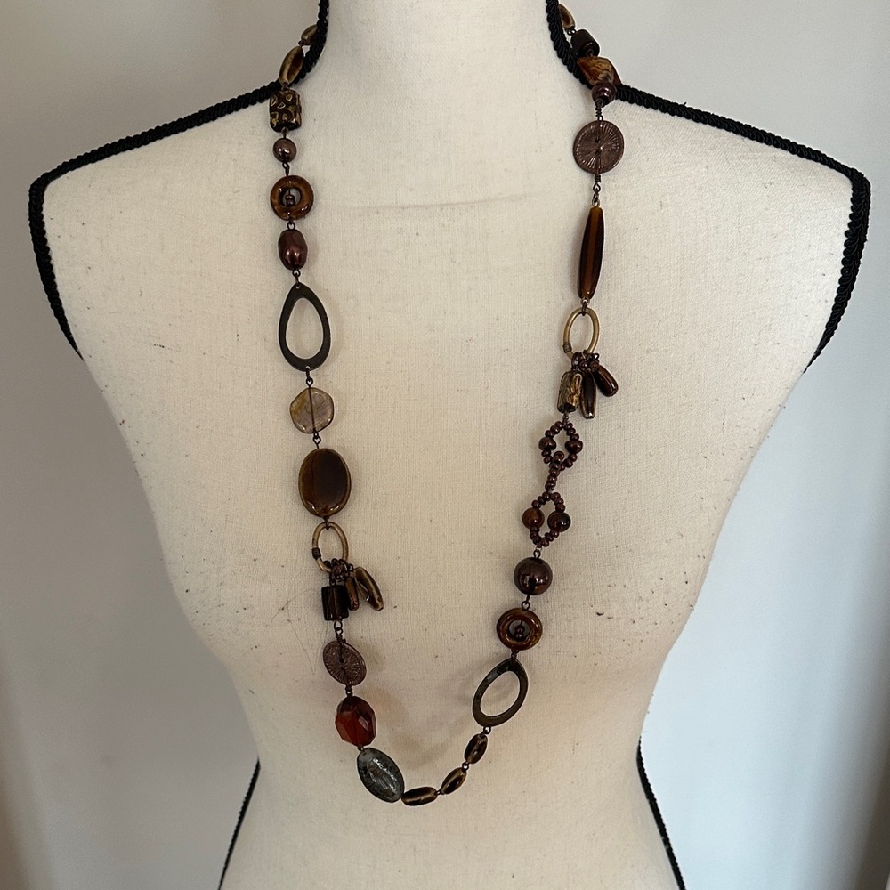 Earth Tone Brown Bronze Amber Tortoiseshell Beaded Asymmetric Statement Necklace